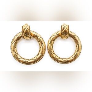 Authentic Chanel Vintage Gold Plated Door Knocker Quilted Hoop Clip On Earrings